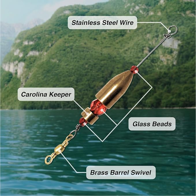 Reaction Tackle Carolina Rigs for Bass Fishing- Freshwater Saltwater - Brass Pre Rigged Kit- Fishing Weights Barrel Sinkers 6-Pack