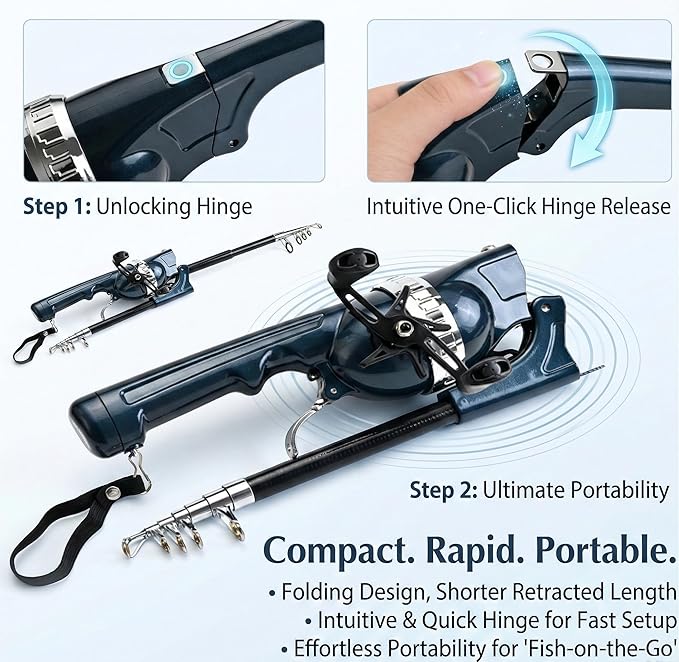 Telescopic Fishing Rod and Reel Combo for Adults & Beginner | Integrated Anti-Tangle Spincast Reel, Pre-Spooled Line, Foldable Pocket Fishing Pole, Compact Travel Gear for Camping, Hiking