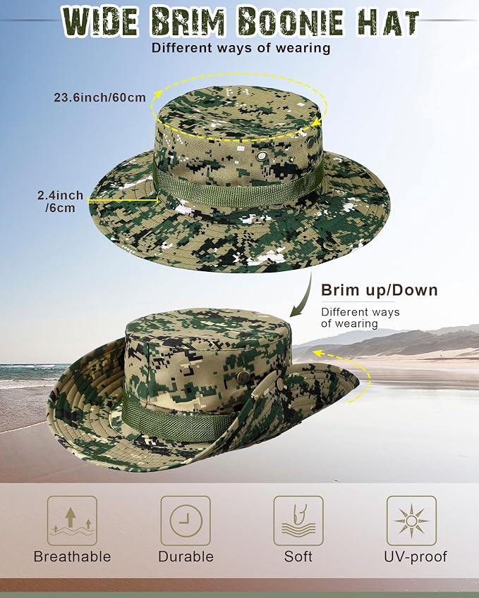 10 Pcs Wide Brim Boonie Hat Bucket Hats Camo Solid UV Sun Protection Fishing Hat for Men Women Hiking Safari Hunting