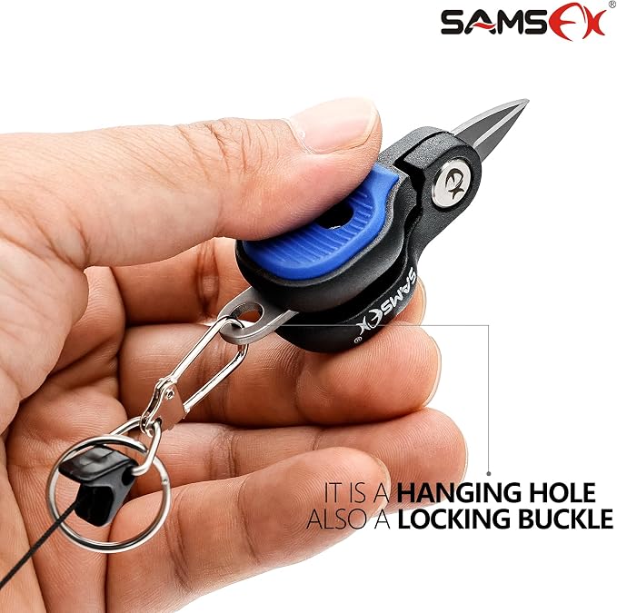 SAMSFX Fishing Nipper with Retractable Tether, Stainless Steel Blades that Cut Braid, Mono and Fluoro Lines, SNIP, Fishing Line Cutters (Blue)