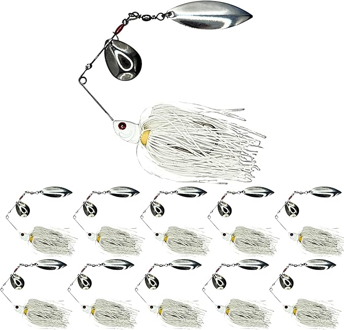 10 - Pack - White Spinner Lure, Fishing Lure, Spinnerbait, Freshwater Fishing - Metal, Plastic