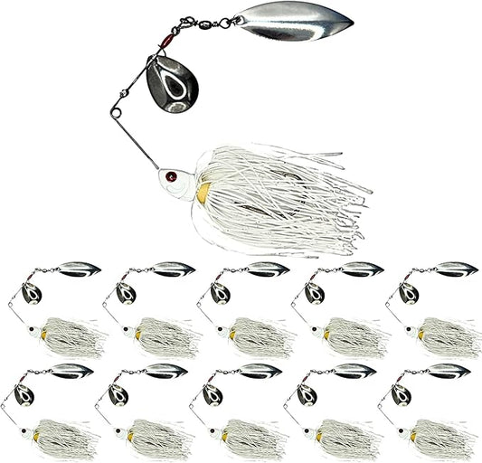 10 - Pack - White Spinner Lure, Fishing Lure, Spinnerbait, Freshwater Fishing - Metal, Plastic