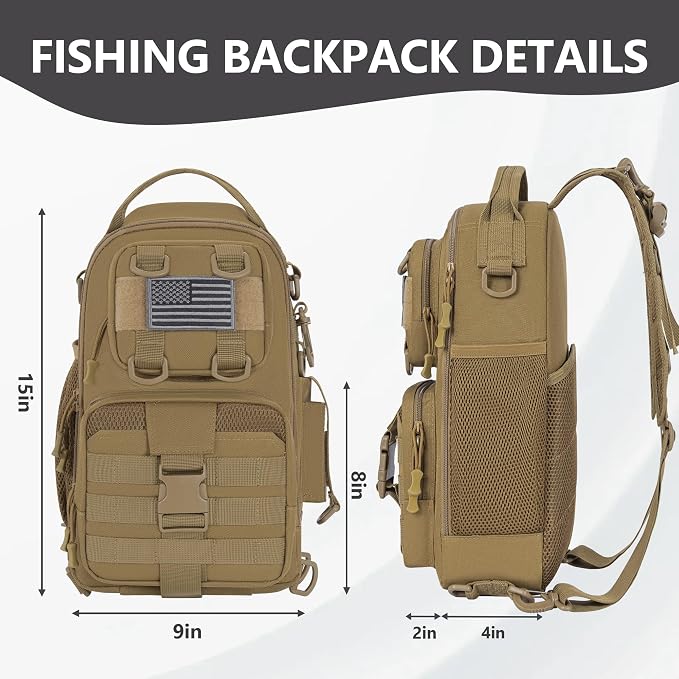 GMAK Fishing Backpack Tackle Sling Bag, Tactical Fishing Tackle Backpack with Rod & Gear Holder, Lightweight Outdoor Water-Resistant Tackle Gear Pack Shoulder Bags for Men Women, Khaki