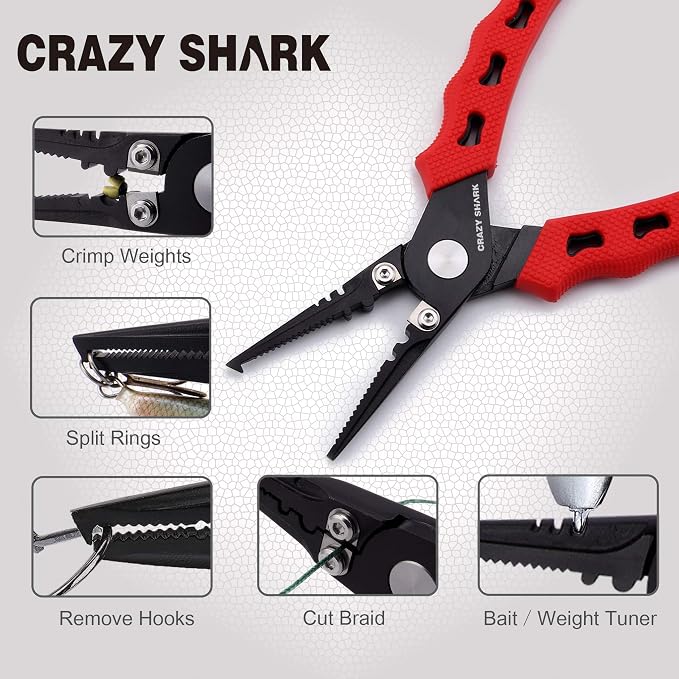 Fishing Pliers, Stainless Steel Fishing Tools, Saltwater Resistant Fishing Gear, Tungsten Carbide Cutters, Split Ring Pliers, Hook Remover with Coiled Lanyard and Sheath