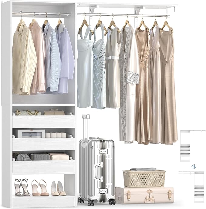 60" Wide x 80" Tall Closet System with 3 Half-Open Wooden Drawers, 5FT Closet Organizer System with 2 Hanging Rods & Removable Tower, Freestanding Wardrobe Organizer for Walk-in Bedroom, White