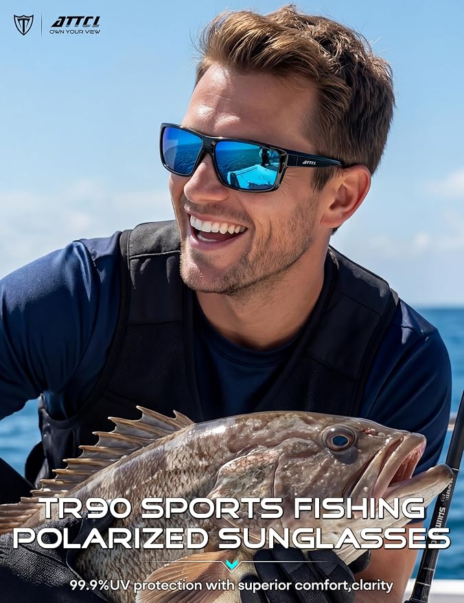 ATTCL Polarized Sunglasses Men for Fishing: UV Protection Lightweight TR90 Sports Wrap Sun Glasses Driving Golf Running