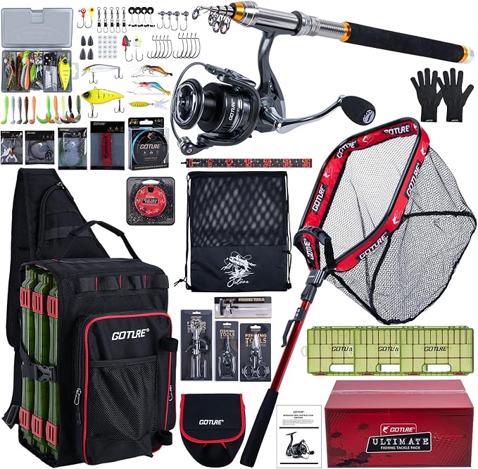Goture Fishing Kits for Adult,Fishing Pole and Reel Combo, OpenSide Fishing Sling Tackle Storage Bag with 3 Tackle Boxes,Gift for Men