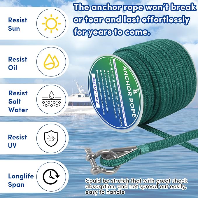 Boat Anchor Rope 100 ft x 1/2 inch Forest Green, Double Braided Anchor Line with Stainless Steel Thimble & Shackle, Marine Rope Ideal for Towing,Mooring,Decks,Anchoring,for Boats Up to 35'