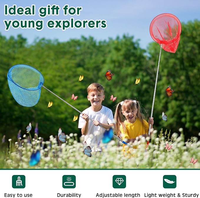 Arrowbash 48 Pcs Kids Butterfly Fishing Nets Bulk Colorful Telescopic Butterfly Fishing Nets with Stainless Steel Pole Handle 34 Inch with 20 Pcs Plastic Insect Bottle Nature Exploration Toys