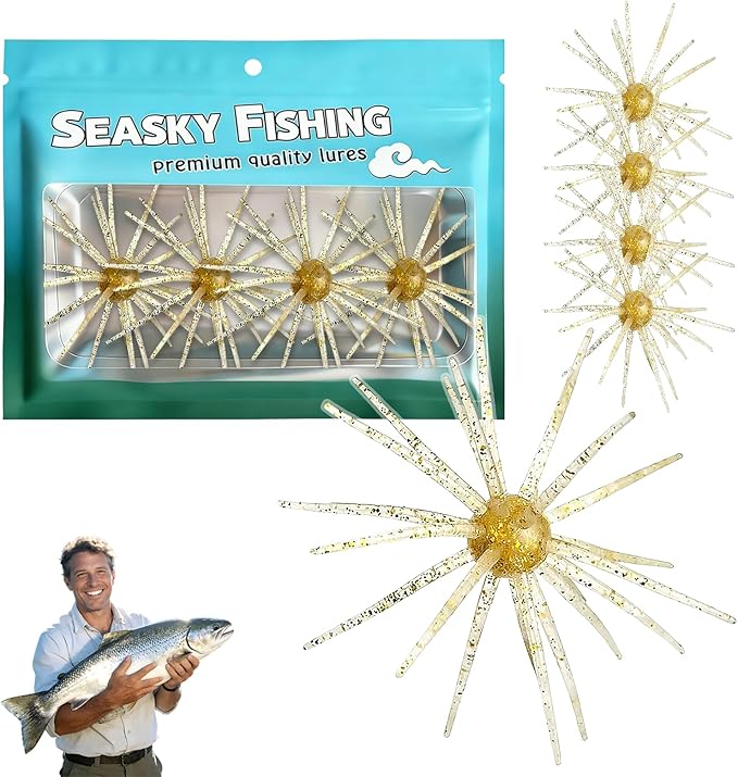4Pcs Dice Bait, Floating TPR Swimbait with Reflective Stars,Tentacle Creature Lure, Sea Urchin Style Soft Plastic Baits, for Bass Fishing Drop Shot, Wacky Rig/Neko Rig and Finesse, Slow Sinking