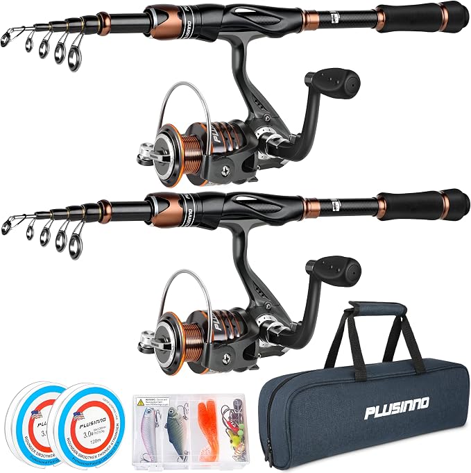 PLUSINNO Fishing Rod and Reel Combos, Bronze Warrior Toray IM6 Carbon Matrix Telescopic Fishing Rod Pole, 12 +1 Shielded Bearings Stainless Steel BB Spinning Reel, Travel Freshwater Fishing Gear