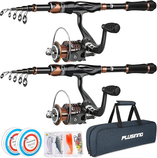 PLUSINNO Fishing Rod and Reel Combos, Bronze Warrior Toray IM6 Carbon Matrix Telescopic Fishing Rod Pole, 12 +1 Shielded Bearings Stainless Steel BB Spinning Reel, Travel Freshwater Fishing Gear
