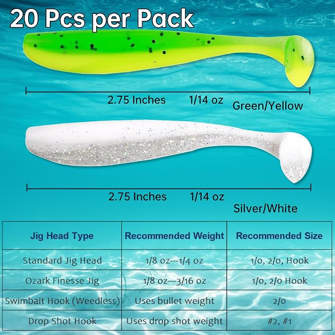 Soft Plastic Paddle Tail Swimbaits Pack of 20 – 2.7" Soft Plastic Fishing Lures with Extra-Large Tail for Lifelike Swimming Action – Freshwater & Saltwater