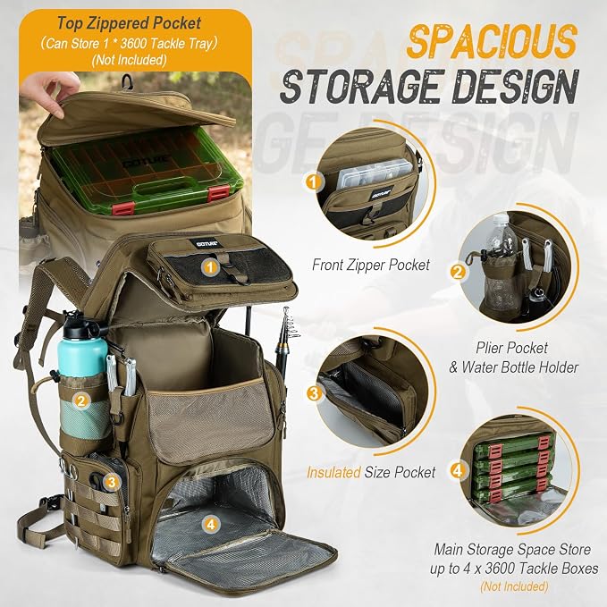 Goture Fishing Backpack, 900D Water-Resistant Tackle Bag with Rod Holders, Insulated Cooler Compartment, 55L Large Capacity Fishing Gear Storage for Saltwater&Freshwater Camping Hiking,Gifts for Men