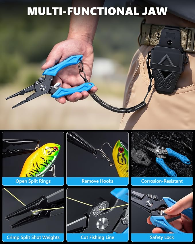 Fishing Tool Kit, Fishing Gear - Fishing Plier with Sheath, Fillet Knife, Fishing Scissors, Fish Lip Gripper, Tool Retractor, Keychain Bottle Opener, Fishing Gifts for Men