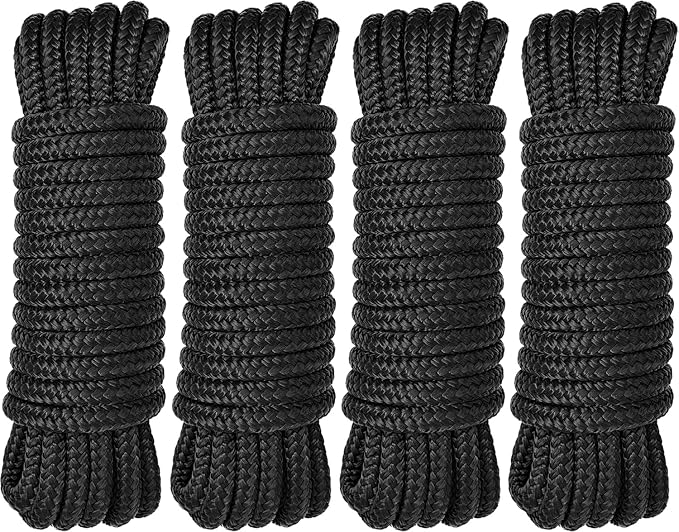 Boat Dock Lines 4 Pack 3/8" x 25' Double Braided Nylon Boat Ropes for Docking with 12" Eyelet, Marine Grade High Strength Boat Lines, Premium Marine Rope Mooring Lines, Easy Handling, Black