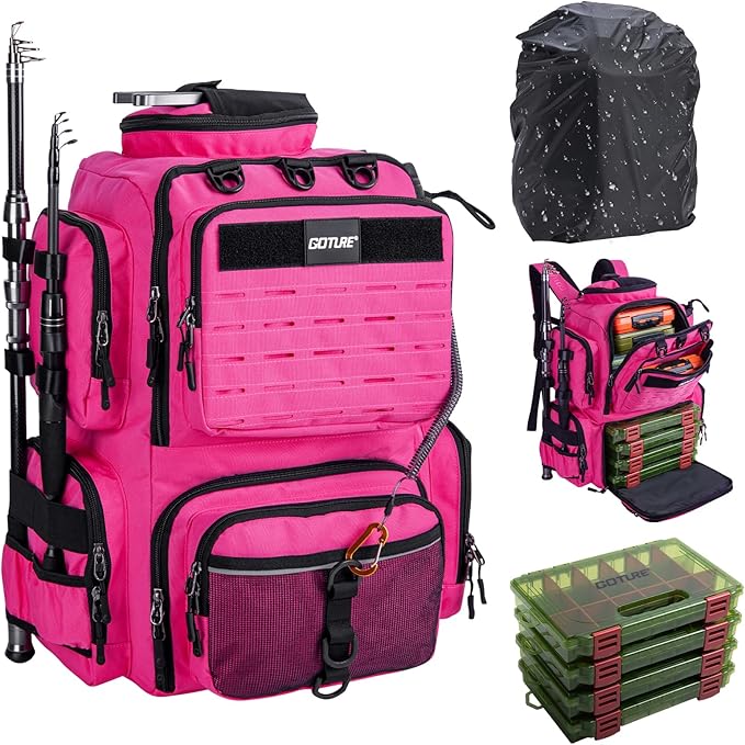 Goture Fishing Backpack with 4 Tackle Boxes,900D Water-Resistant Tackle Backpack with Rod Holders,45L Large Fishing Bag Storage Gear Tackle Bag with Rain Cover,Bottle Holder for Travel Camping Hiking
