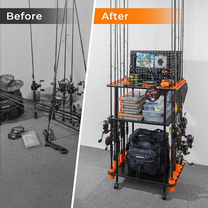 KastKing V12 Gear Trolley, Indoor Fishing Rod Holder for 12 Combos, 3-Tier Fishing Rod Rack With Peg Wall, Patented Built-in Line Spooler, Mobile Tackle Storage Cart With Locking Wheels