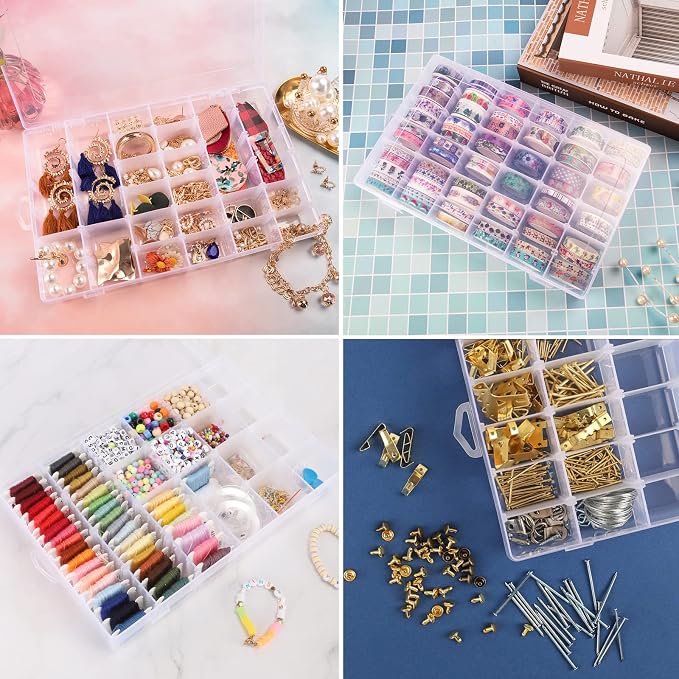 OUTUXED 36 Grids Clear Plastic Organizer Box with Adjustable Compartment Dividers Rock Collection Box for Bead, Nails, Jewelry, Art, DIY Crafts, Fishing Tackle, Small Items Organizers and Storage