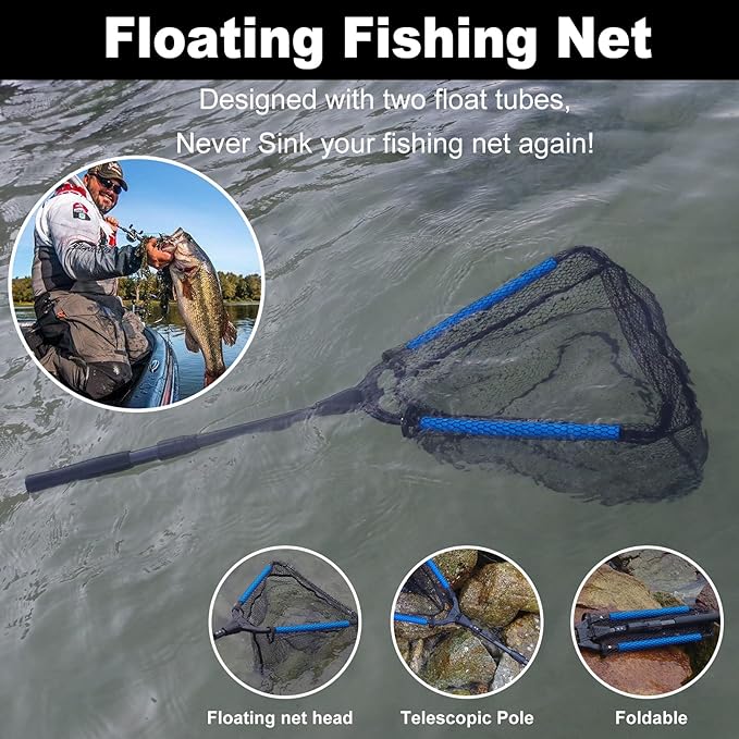 PLUSINNO Fishing Net Fish Floating Landing Net, Kayak Nets with Fixed Foldable Telescopic Pole Handle, Bass Trout Fishing Nets with Nylon Mesh for Pond Lake River, Fishing Gear Gifts for Men Anglers