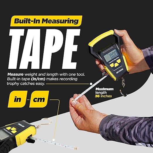Beyond Fishing Digital Scale with Built-in Tape Measure – Weighs Up to 110lbs - LCD Display, Ounces - Pounds - Kilograms - Ergonomic Grip, Battery Powered, Portable Fish Weigher for Anglers