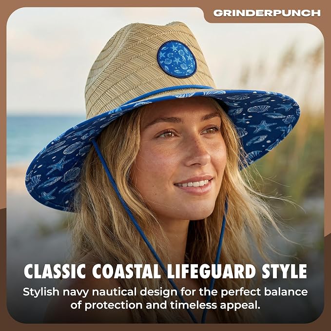 grinderPUNCH Lifeguard Hat Mens Straw Sun Hat for Outdoor American Flag USA Patriotic Straw Beach Fishing Straw Hat for Men