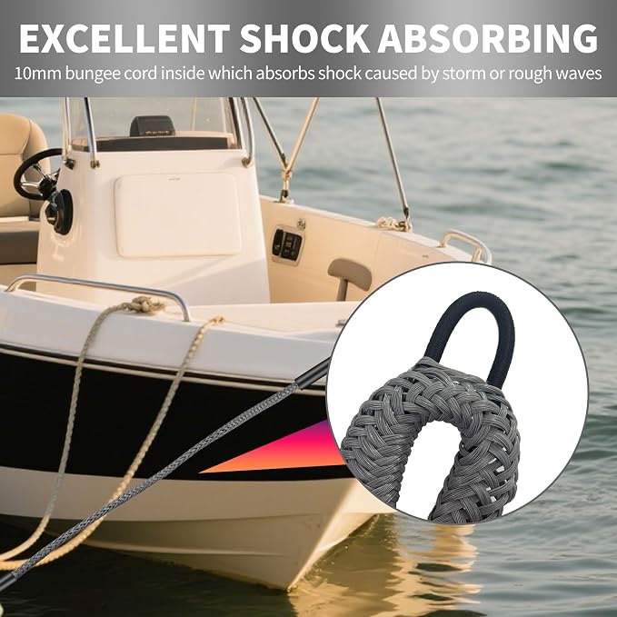 Bungee Dock Line with Stainless Steel Clip – Boat Dock Rope with Foam Float for Kayak, Canoe, Pontoon, Watercraft, SeaDoo, Docking – 4–5.5 ft, 2 Pack（Grey）