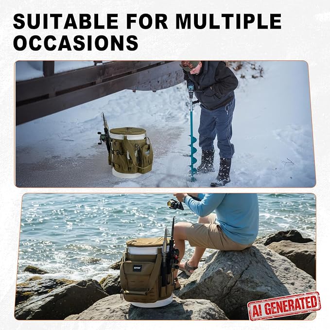 Goture Fishing Bucket Organizer for 5 Gallon Bucket, Heavy-Duty Waterproof Tackle Bag with 15+ Pockets, Ice Auger Holster & Secure Lock Straps for Ice Fishing Gear (Khaki, No Bucket)