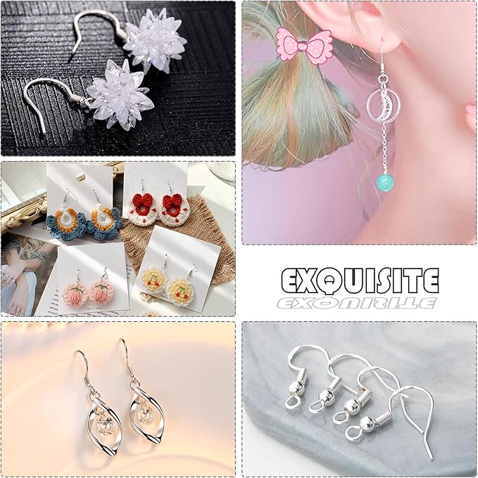 925 Sterling Silver Earring Hooks 150 PCS/75 Pairs,Ear Wires Fish Hooks,500pcs Hypoallergenic Earring Making kit with Jump Rings and Clear Silicone Backs Stoppers (Silver)