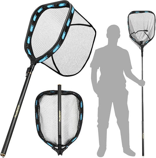 PLUSINNO Floating Fishing Net with Telescoping Handle, Carbon Fiber Ultralight Long Fish Net, Collapsible Landing Net 6.56/7.86Ft, Fishing Gear Kayak Accessories for Bass Trout Salmon