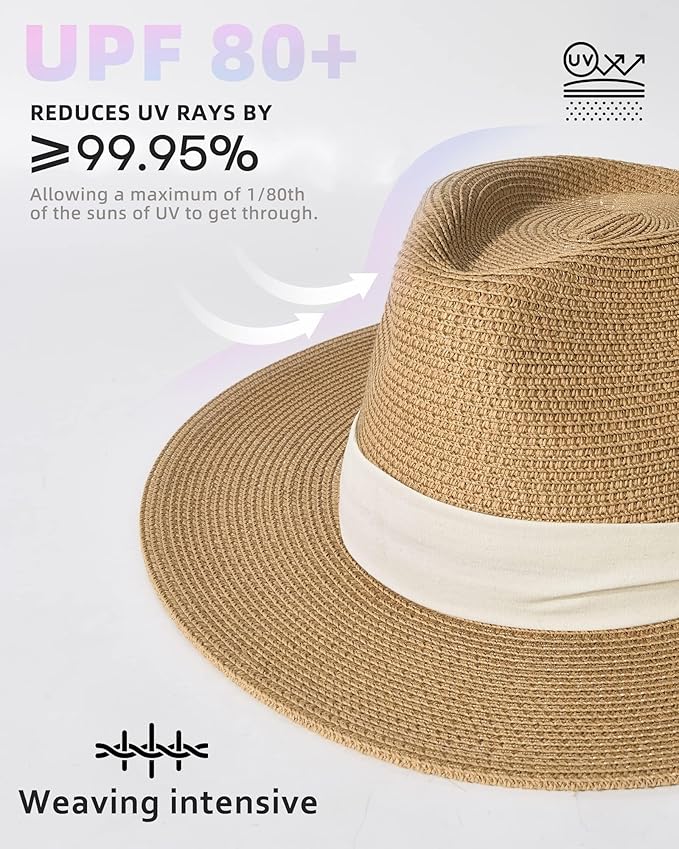 FURTALK Womens Mens Wide Brim Straw Panama Hat Fedora Summer Beach Sun Hats UPF Straw Hat for Women