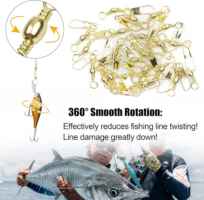 Fishing Barrel Swivels Snaps, 100pcs Snap Swivels Fishing Tackle Leader Line Lure Connector Accessories High Strength Solid Rings for Saltwater Freshwater, Black/Gold