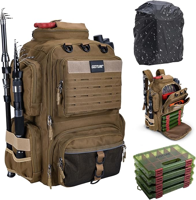 Goture Fishing Backpack with 4 Tackle Boxes,900D Water-Resistant Tackle Backpack with Rod Holders,45L Large Fishing Bag Storage Gear Tackle Bag with Rain Cover,Bottle Holder for Travel Camping Hiking