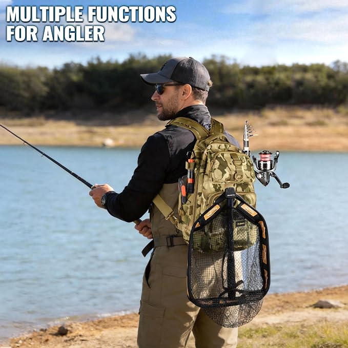 PLUSINNO Fishing Gear,Fishing Backpack with Floating Fishing Net,Tackle Boxes,Waterproof Fishing Tackle Bag,Fishing Gifts for Men