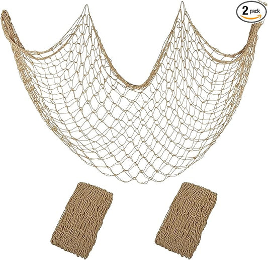 Patioland Decorative Fishing Net 2 Pack, 80x40 Inch Large Caramel Fish Net Decor for Wall, Photo Display, Nautical Mermaid Pirate Ocean Themed Beach Hawaii Under the Sea Party Decorations