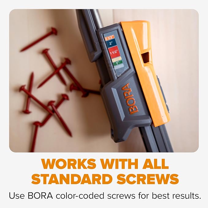 BORA Pro Compact Metal Pocket Hole Jig Kit, 3 inch Face Clamp & 350pc Screw Set Auto Adjust Drill Guide, Durable Pocket Hole Jig for Woodworking & Tight Spaces - For Materials 1/2 in - 1-1/2 in Thick