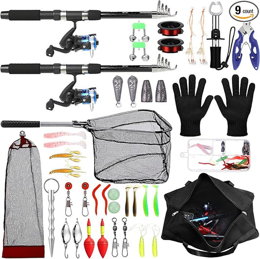 MiniInflat Telescopic Fishing Rod and Reel Combo, 6.89ft 2pcs Collapsible Rod with Plier Lip Gripper Lures Carrier Bag Pre-Loaded Spinning Reel Saltwater Freshwater Fishing Pole Kit