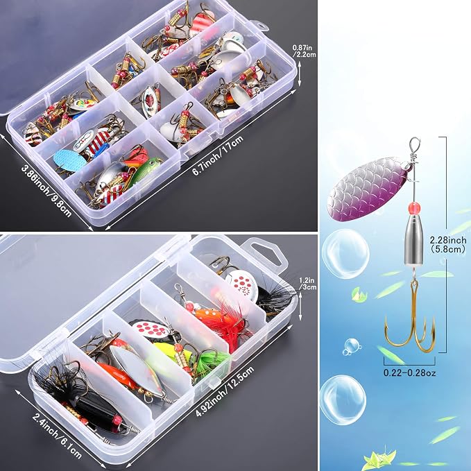 Skylety 40 Pcs Fishing Lure Hard Metal Colorful Spinner Baits with Tackle Box Trout Spoon Fishing Lures for Bass Pike Walleye Trout Salmon