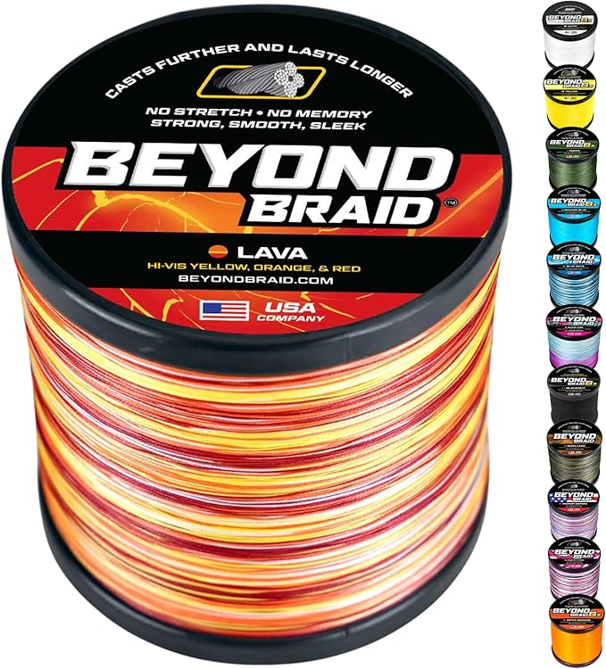 Beyond Braid Braided Fishing Line -Super Strong - Abrasion Resistant - No Stretch -Blue Camo, Moss Camo, White, Green, Pink, Blue, 4 Strand 8 Strand