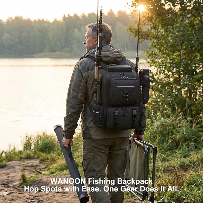 WANOON Fishing Backpack 45L with 4 Tackle Boxes, Durable & Comfortable Fishing Bag,Waterproof Insulated Bait Pocket & 4 Rod Holders