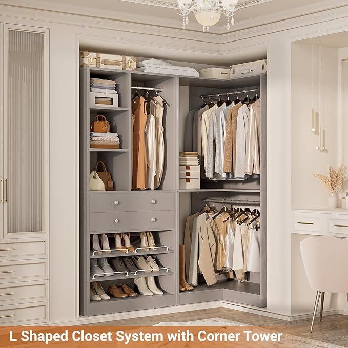 Closet System with 2 Drawers, 3 Hanging Rods, 59.5" * 31.5" Closet Organizer System with Corner Tower, Reversible L Shaped Walk-in Closet System, Corner Closet System Set of 2, Morandi Grey