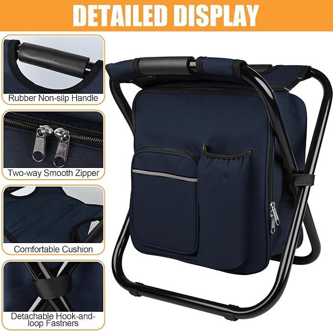 Kikerike Backpack Stool Cooler Chair Heavy Duty 300 LBS Max Load Portable Lightweight Stool Backpack Folding Fishing Cooler Seat for Camping Hunting Fishing - Navy Blue