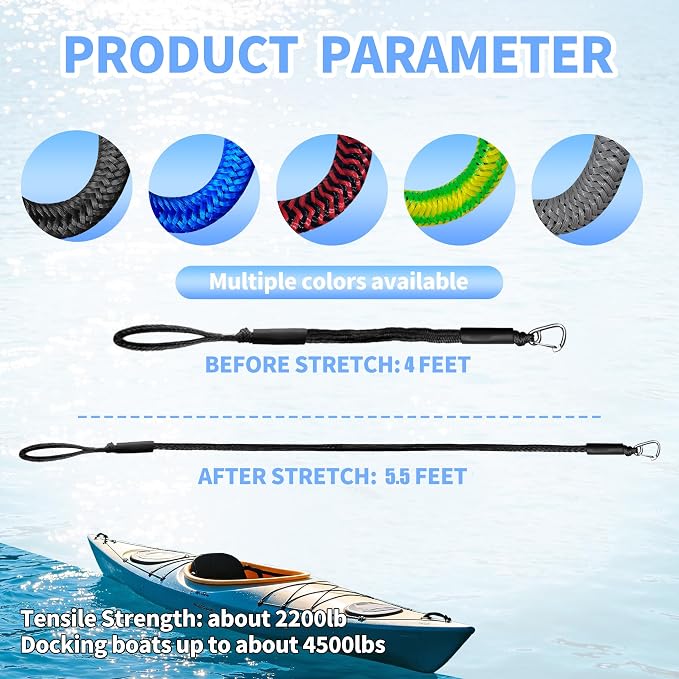 Bungee Dock Line with Stainless Steel Clip – Boat Dock Rope with Foam Float for Kayak, Canoe, Pontoon, Watercraft, SeaDoo, Docking – 4–5.5 ft, 2 Pack（Black）