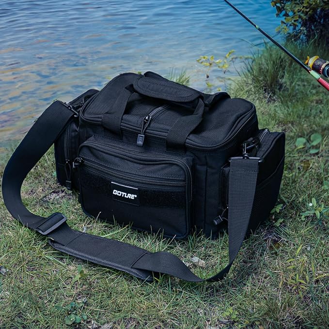 Goture Fishing Tackle Bag, 600D Water-Resistant Soft Side Crossbody Sling Bag for Men & Women,Small Gear Storage Tactical Bags for Saltwater & Freshwater,Fits 4 3600 Tackle Boxes (Not Included)