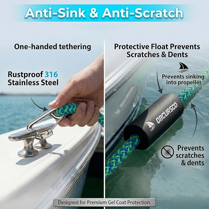 Obcursco Bungee Dock Lines for Boat, Docking Rope with 316 Stainless Steel Clips, Accessories for Jet Ski, PWC, SeaDoo, Pontoon, Center Console, Sets of Two(4ft & 6ft) (Green/Blue)