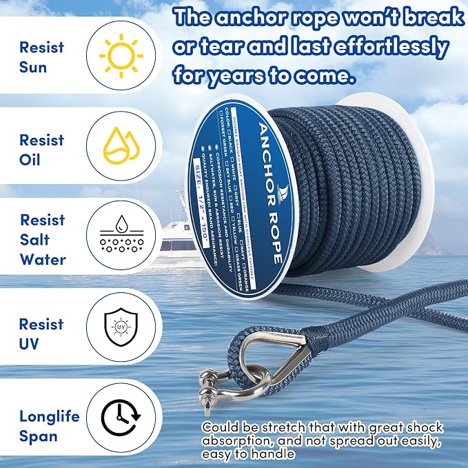Boat Anchor Rope 150 ft x 1/2 inch Navy Blue, Double Braided Anchor Line with Stainless Steel Thimble & Shackle, Marine Rope Ideal for Towing,Mooring,Decks,Anchoring,for Boats Up to 35'