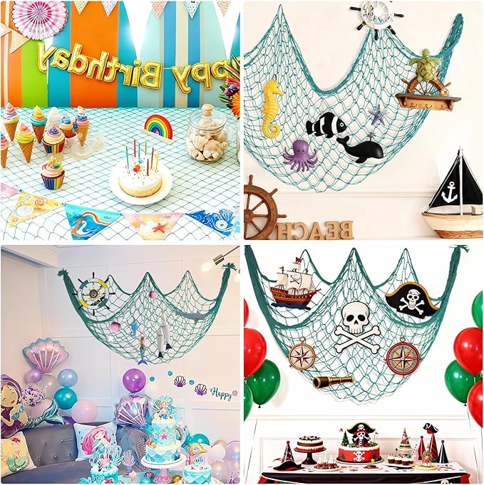 Decorative Fishing Net for Party - 80x40 in Aqua Fish Net Decor Mermaid Net Under The Sea Hawaiian Pirate Party Decorations, 3mm Natural Cotton Nautical Netting Wall Table Ocean Beach Decor