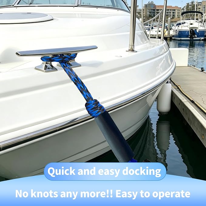 Bungee Dock Line with Stainless Steel Clip Boat Rope Mooring String with Foam Float for Docking,Kayak,Watercraft,SeaDoo,Pontoon,Canoe,Power Boat Accessory,7-10ft（Blue&Black,with One Hook）