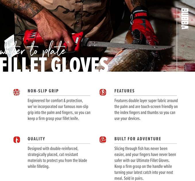 BUBBA Ultimate Fillet Gloves - Cut Resistant - Touch Screen Usability for Fishing, Angling, Boating & Outdoors