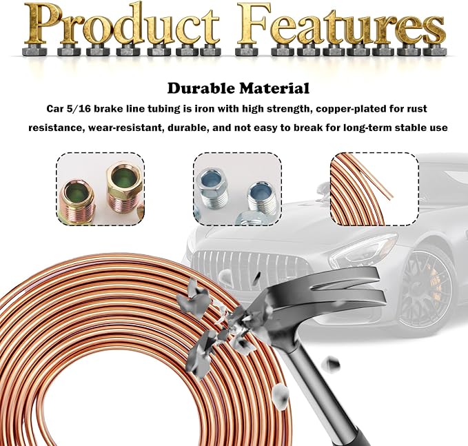 25Ft 5/16 Brake Line Kit Iron Copper Plated,Flexible 5/16 Brakes Lines Tubing Kit Includes 16PCS Inverted Tube Nuts,Professional Car Brakes Line Repair Kits Car Accessories
